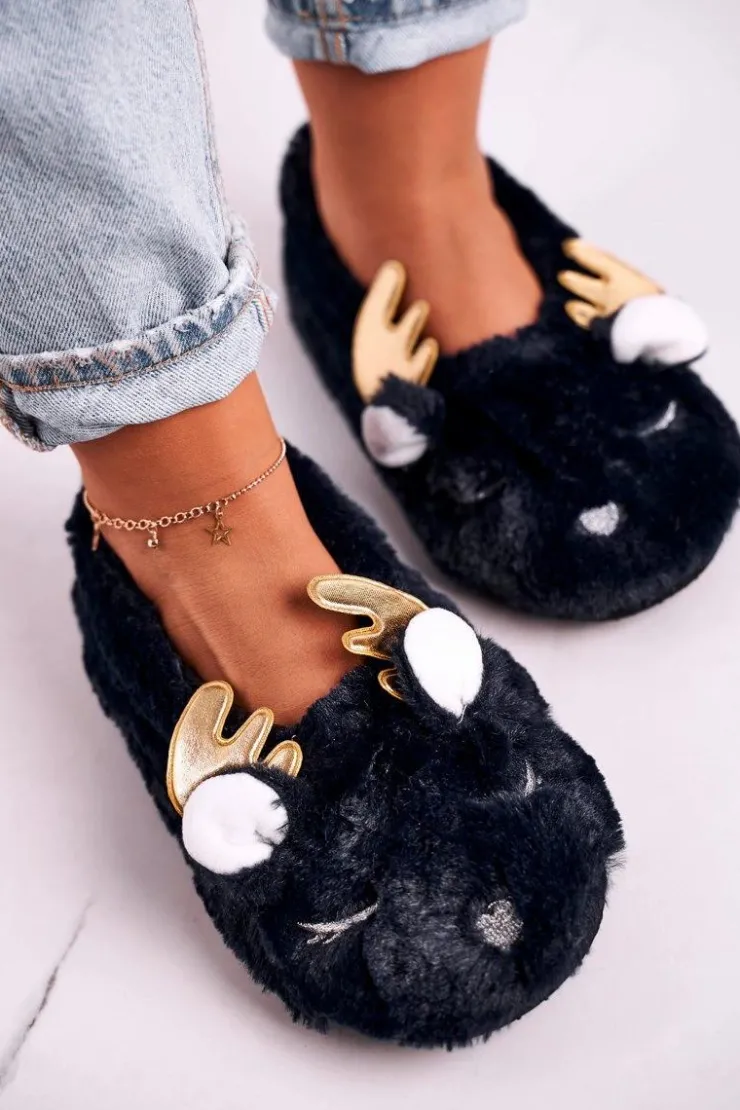 New Boto Świąteczne Ocieplane Futrzane Papcie Granatowe Jingle Bells