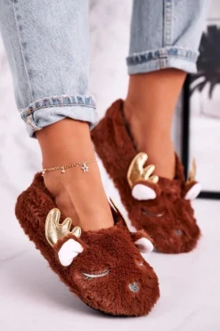 Boto Kapcie Klasyczne*Świąteczne Ocieplane Futrzane Papcie Brązowe Jingle Bells