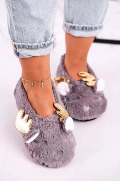 Damskie Boto Świąteczne Ocieplane Futrzane Papcie Szare Jingle Bells