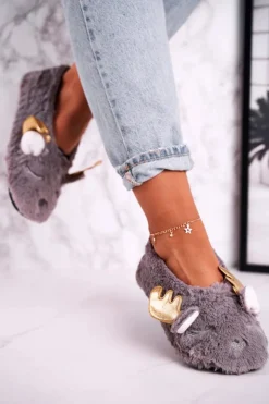 Damskie Boto Świąteczne Ocieplane Futrzane Papcie Szare Jingle Bells