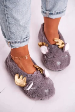 Damskie Boto Świąteczne Ocieplane Futrzane Papcie Szare Jingle Bells