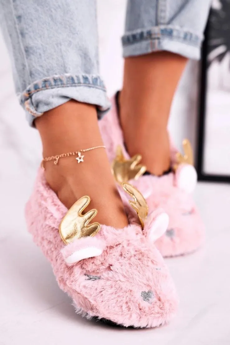 Boto Kapcie Klasyczne*Świąteczne Ocieplane Futrzane Papcie Różowe Jingle Bells