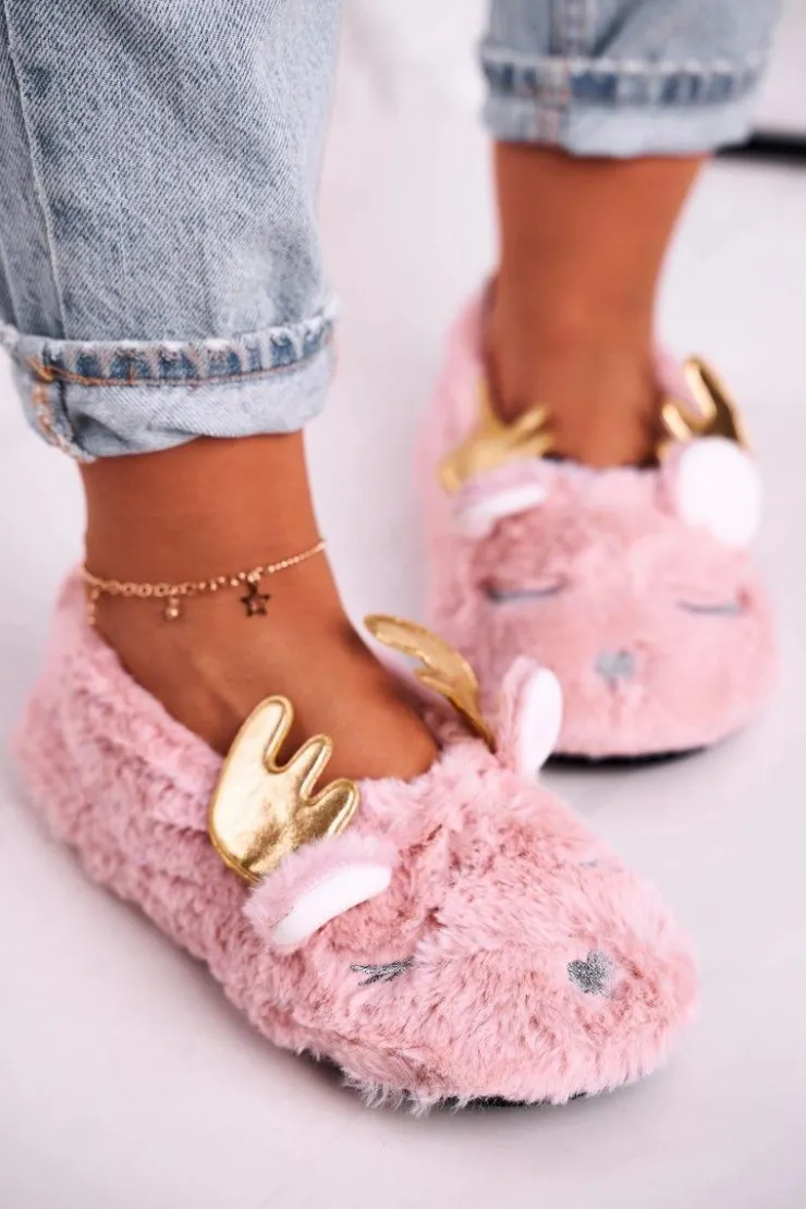 Boto Kapcie Klasyczne*Świąteczne Ocieplane Futrzane Papcie Różowe Jingle Bells