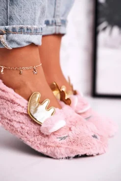 Boto Kapcie Klasyczne*Świąteczne Ocieplane Futrzane Papcie Różowe Jingle Bells