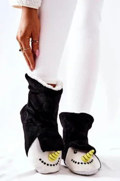 Aura.via Kapcie Klasyczne*Świąteczne Papcie Ocieplane Bałwan Czarne