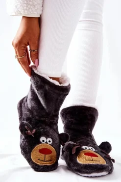 Aura.via Kapcie Klasyczne*Świąteczne Papcie Ocieplane Renifer Szare