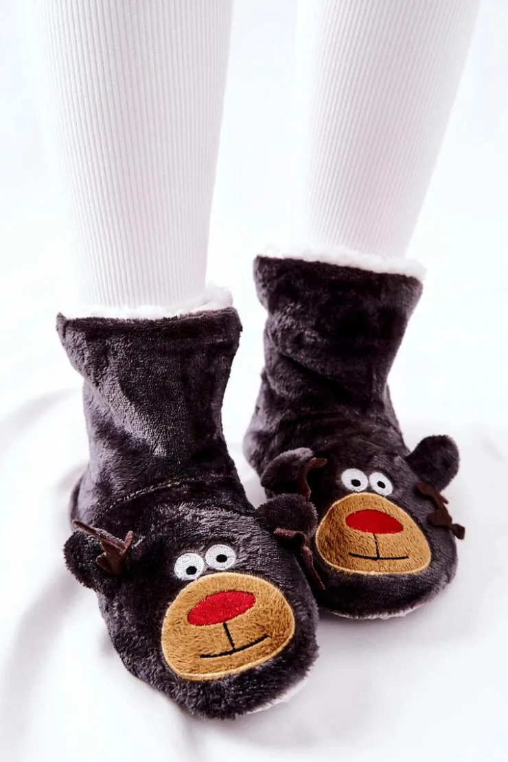 Aura.via Kapcie Klasyczne*Świąteczne Papcie Ocieplane Renifer Szare