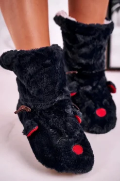 Boto Kapcie Klasyczne*Świąteczne Papcie Z Reniferem Ocieplone Kożuszkiem Czarne Rudolph