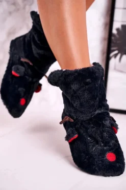 Boto Kapcie Klasyczne*Świąteczne Papcie Z Reniferem Ocieplone Kożuszkiem Czarne Rudolph