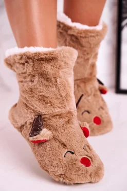 Damskie Boto Świąteczne Papcie Z Reniferem Ocieplone Kożuszkiem Beżowe Rudolph