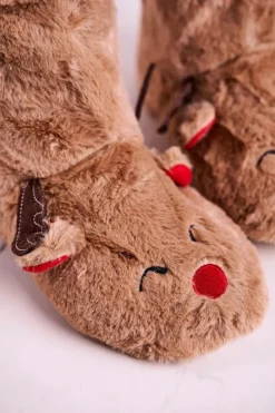 Damskie Boto Świąteczne Papcie Z Reniferem Ocieplone Kożuszkiem Beżowe Rudolph
