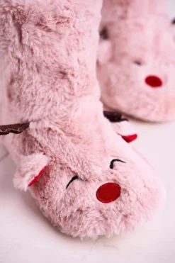 Discount Boto Świąteczne Papcie Z Reniferem Ocieplone Kożuszkiem Różowe Rudolph