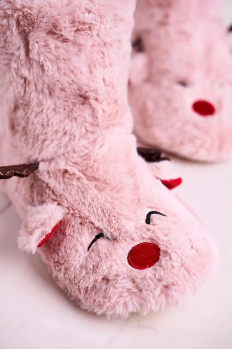 Discount Boto Świąteczne Papcie Z Reniferem Ocieplone Kożuszkiem Różowe Rudolph