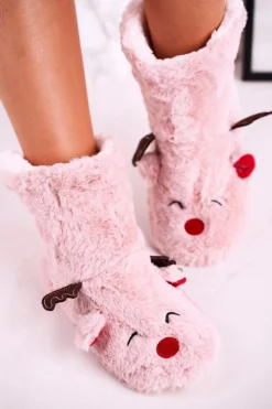Discount Boto Świąteczne Papcie Z Reniferem Ocieplone Kożuszkiem Różowe Rudolph