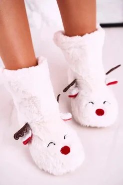 Boto Kapcie Klasyczne*Świąteczne Papcie Z Reniferem Ocieplone Kożuszkiem Białe Rudolph