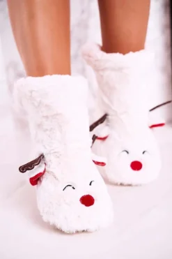 Boto Kapcie Klasyczne*Świąteczne Papcie Z Reniferem Ocieplone Kożuszkiem Białe Rudolph