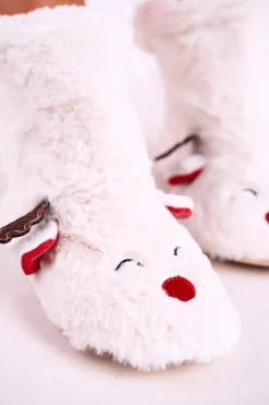 Boto Kapcie Klasyczne*Świąteczne Papcie Z Reniferem Ocieplone Kożuszkiem Białe Rudolph