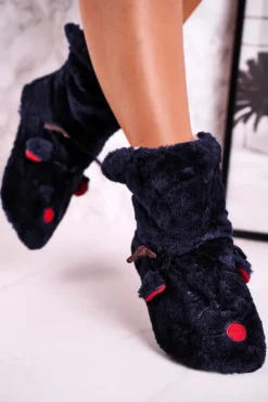 Boto Kapcie Klasyczne*Świąteczne Papcie Z Reniferem Ocieplone Kożuszkiem Granatowe Rudolph