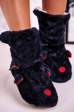 Boto Kapcie Klasyczne*Świąteczne Papcie Z Reniferem Ocieplone Kożuszkiem Granatowe Rudolph