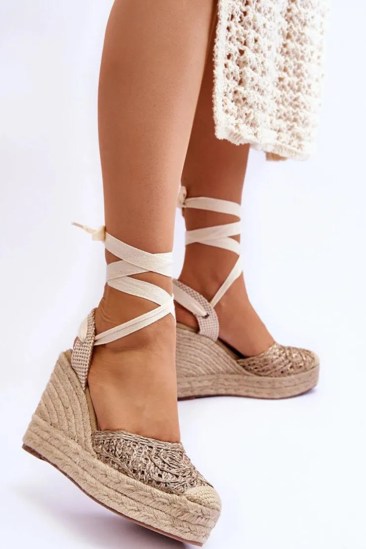 Hot Boto Wiązane Damskie Sandały Na Koturnie Beżowe Josephine Beżowy