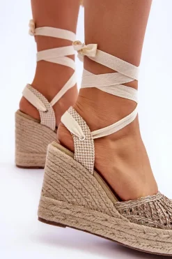 Hot Boto Wiązane Damskie Sandały Na Koturnie Beżowe Josephine Beżowy