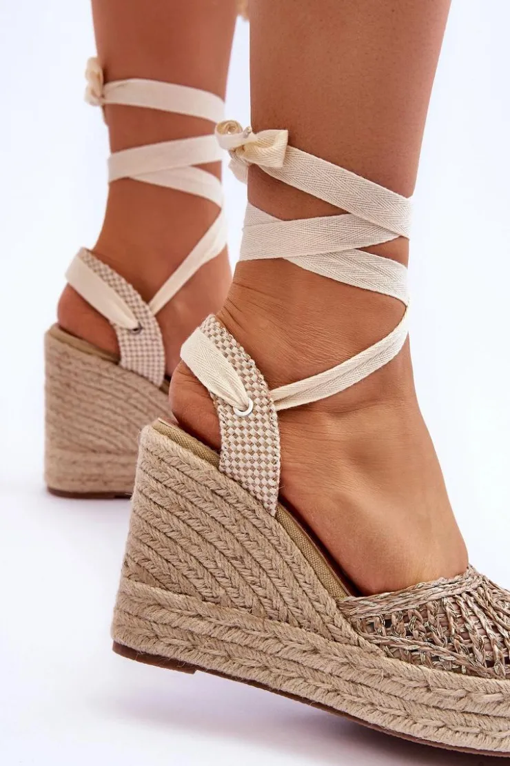 Hot Boto Wiązane Damskie Sandały Na Koturnie Beżowe Josephine Beżowy