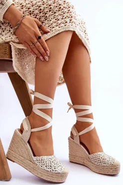 Damskie Boto Wiązane Damskie Sandały Na Koturnie Białe Josephine