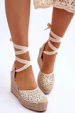 Damskie Boto Wiązane Damskie Sandały Na Koturnie Białe Josephine