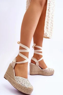 Damskie Boto Wiązane Damskie Sandały Na Koturnie Białe Josephine