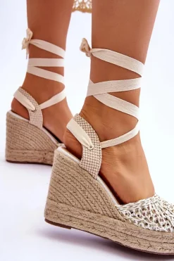 Damskie Boto Wiązane Damskie Sandały Na Koturnie Białe Josephine