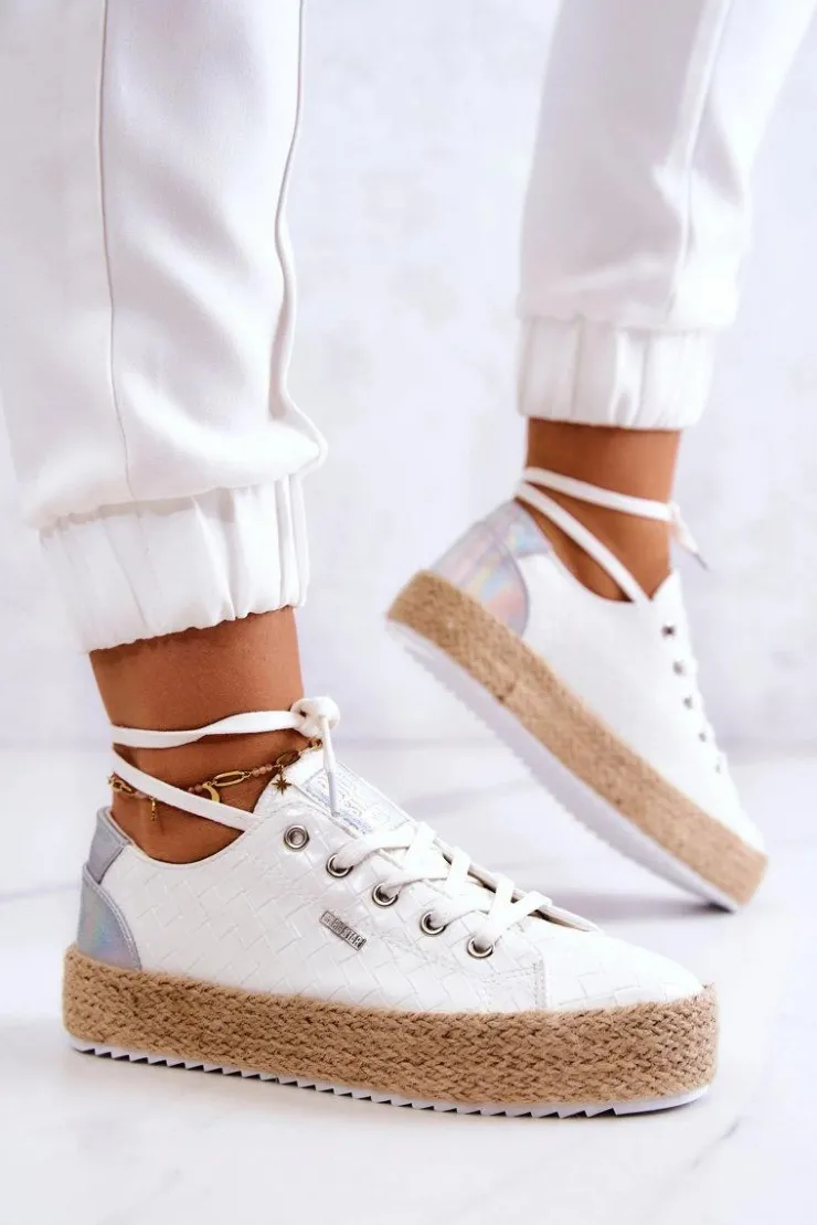 Big Star Shoes Czarne Espadryle*Wiązane Espadryle Na Plecionej Platformie Big Star JJ274397 Białe