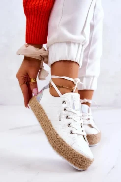 Big Star Shoes Czarne Espadryle*Wiązane Espadryle Na Plecionej Platformie Big Star JJ274397 Białe