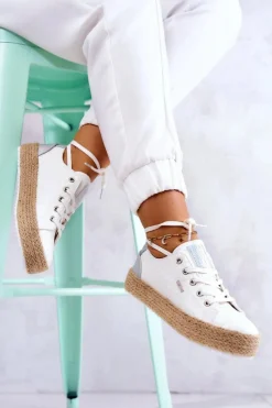 Big Star Shoes Czarne Espadryle*Wiązane Espadryle Na Plecionej Platformie Big Star JJ274397 Białe