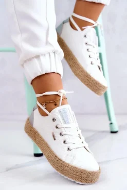 Big Star Shoes Czarne Espadryle*Wiązane Espadryle Na Plecionej Platformie Big Star JJ274397 Białe