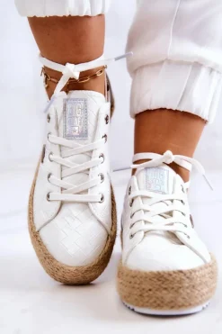 Big Star Shoes Czarne Espadryle*Wiązane Espadryle Na Plecionej Platformie Big Star JJ274397 Białe