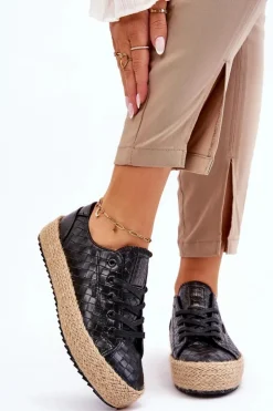 Big Star Shoes Czarne Espadryle*Wiązane Espadryle Na Plecionej Platformie Big Star JJ274396 Czarne