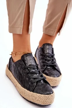 Big Star Shoes Czarne Espadryle*Wiązane Espadryle Na Plecionej Platformie Big Star JJ274396 Czarne