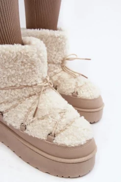 Damskie Boto Wiązane Śniegowce Damskie Na Grubej Podeszwie Beżowe Loso