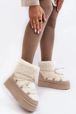 Damskie Boto Wiązane Śniegowce Damskie Na Grubej Podeszwie Beżowe Loso