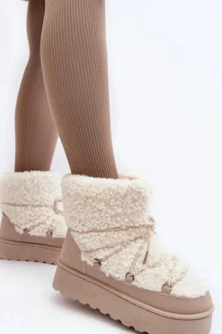 Damskie Boto Wiązane Śniegowce Damskie Na Grubej Podeszwie Beżowe Loso