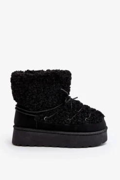 Damskie Boto Wiązane Śniegowce Damskie Na Grubej Podeszwie Czarne Loso