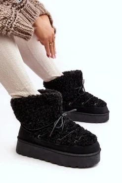 Damskie Boto Wiązane Śniegowce Damskie Na Grubej Podeszwie Czarne Loso