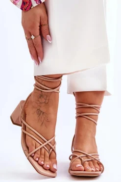 Damskie Boto Wiązane Sandałki Japonki Na Obcasie Beżowe Secret Love