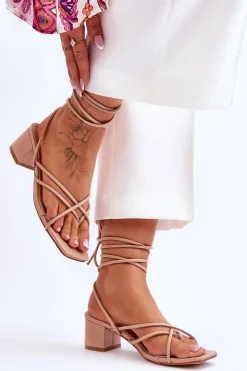 Damskie Boto Wiązane Sandałki Japonki Na Obcasie Beżowe Secret Love