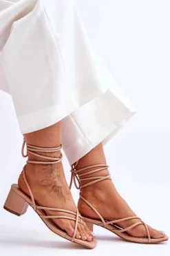 Damskie Boto Wiązane Sandałki Japonki Na Obcasie Beżowe Secret Love