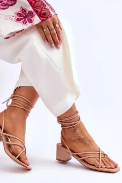 Damskie Boto Wiązane Sandałki Japonki Na Obcasie Beżowe Secret Love