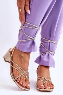 Boto Sandały Na Obcasie*Wiązane Sandałki Japonki Na Obcasie Złote Secret Love Złoty