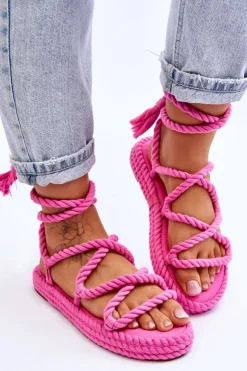 Boto Sandały Płaskie*Wiązane Sandałki Na Masywnej Platformie Różowe Can't Wait