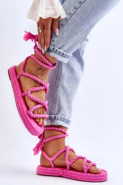 Boto Sandały Płaskie*Wiązane Sandałki Na Masywnej Platformie Różowe Can't Wait
