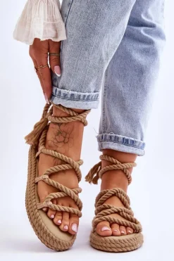 Boto Sandały Płaskie*Wiązane Sandałki Na Masywnej Platformie Ciemnobeżowe Can't Wait